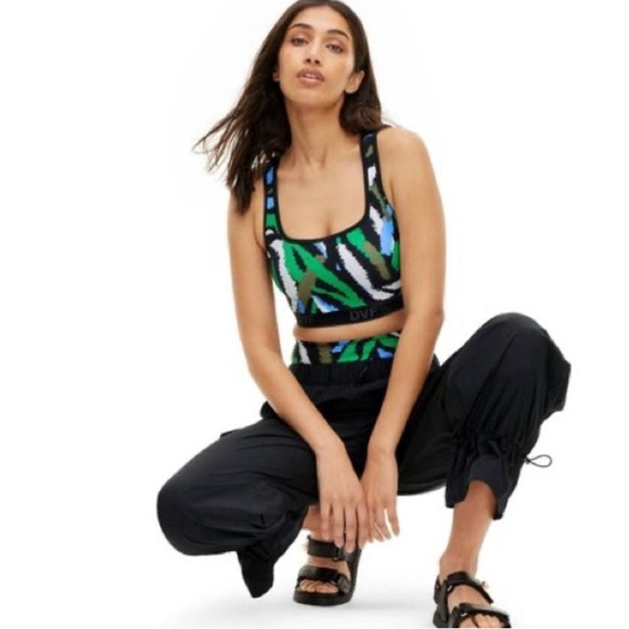 New Diane Von Furstenberg Black Green Blue Disco Zebra Sports Bra XS - Picture 1 of 8